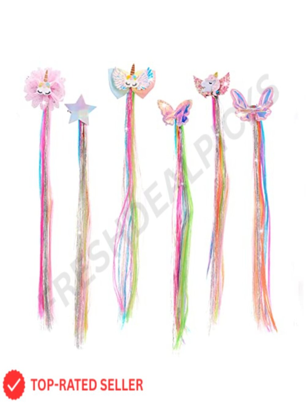 6 Pc Rainbow Hair Extensions Unicorn Hair Clips for Girls Ponytails